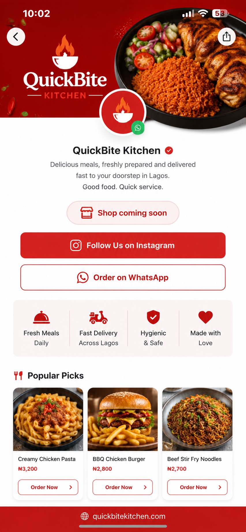 QuickBite Kitchen bio-link page built with WaContacts