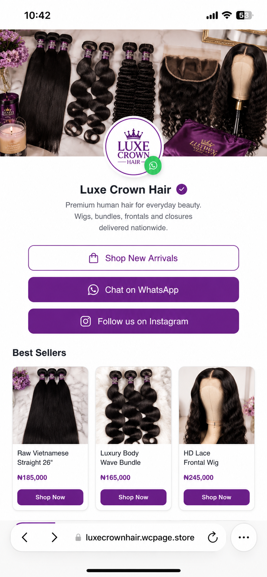 Luxe Crown Hair bio-link page built with WaContacts