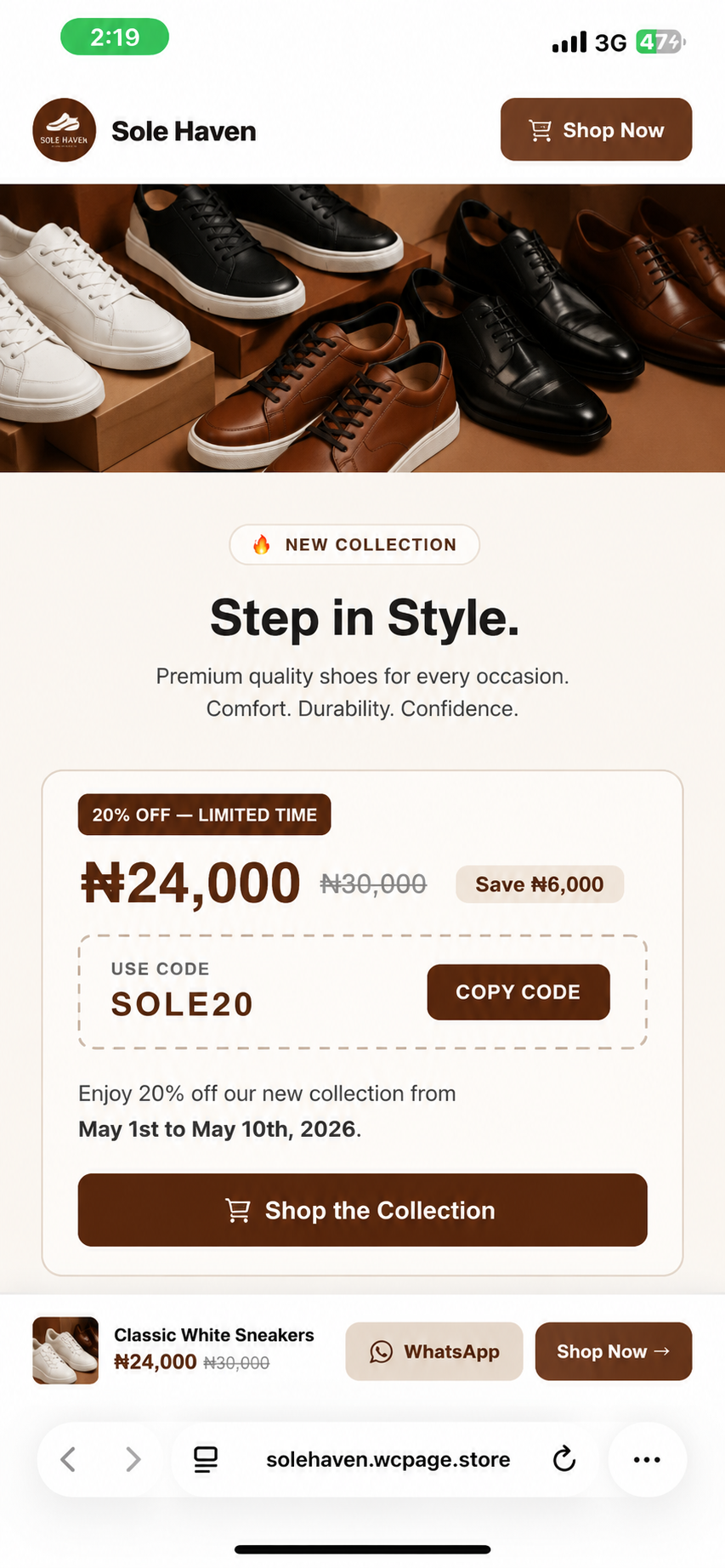 Sole Haven promo page built with WaContacts
