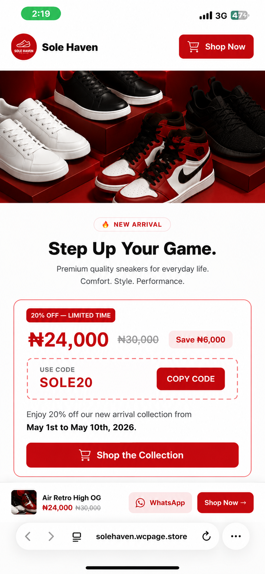 Sole Haven promo page, red theme, built with WaContacts